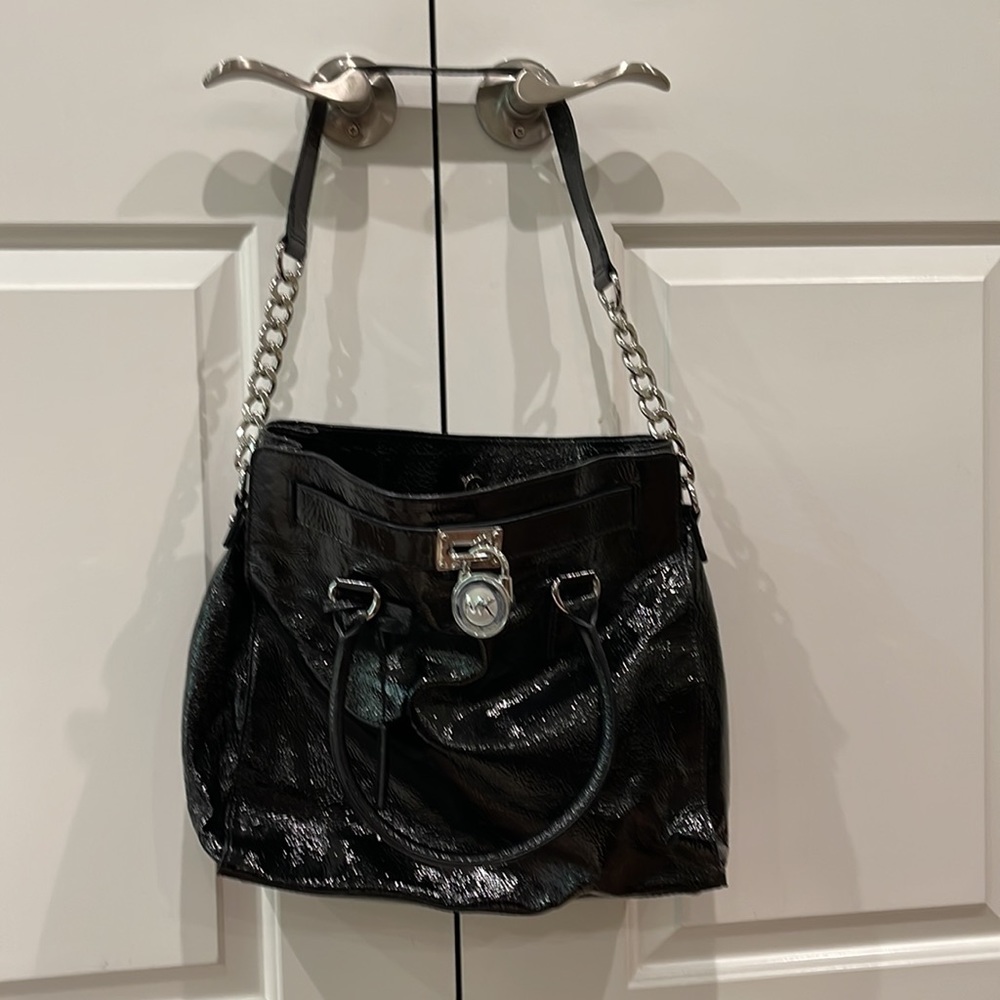 MK Large Hamilton patent leather hobo purse with silver hardware - Picture 2 of 9